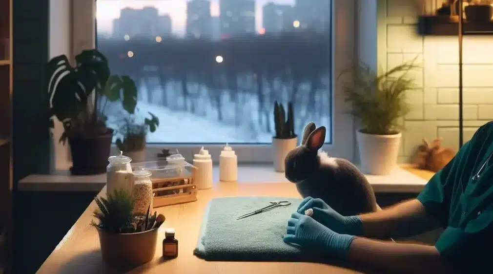 A doctor trimming nails of a rabbit