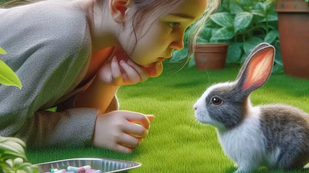 a girl looking at a sick rabbit worriedly 