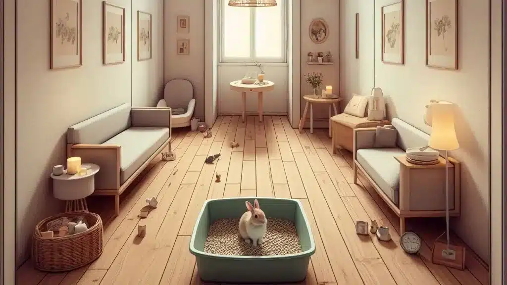 Rabbit Digging a litter box in a room