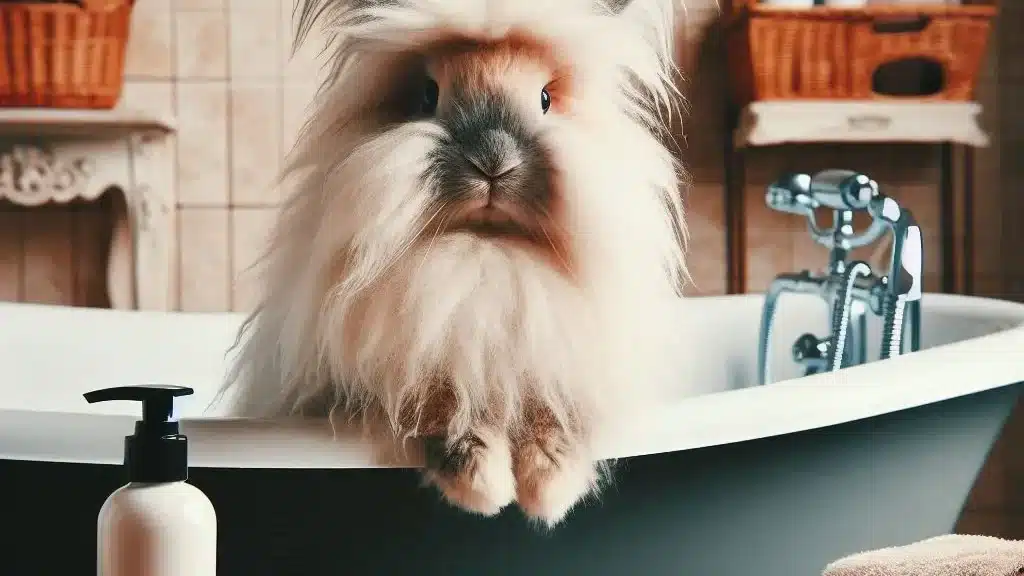 Long-haired-angora-bunny-bathing-in-a-bath-tub