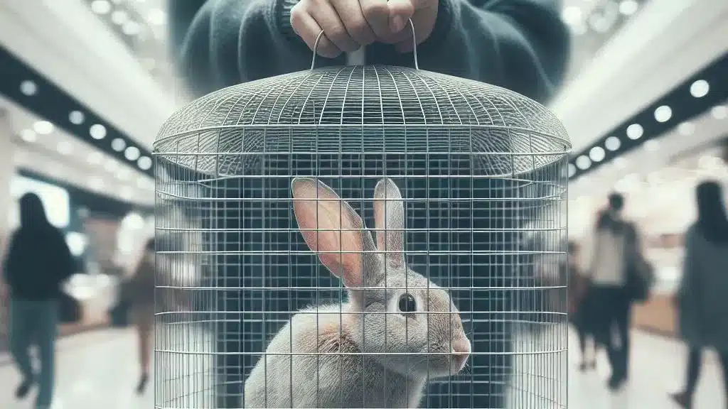 a bunny sitting in a cage is shown with a man taking it in a mall