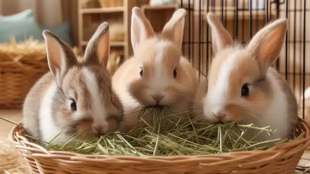 Small rabbits eating hay in a room