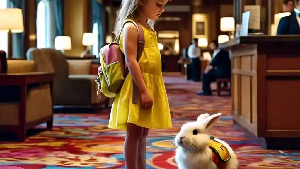 girl traveling with rabbits in a hotel