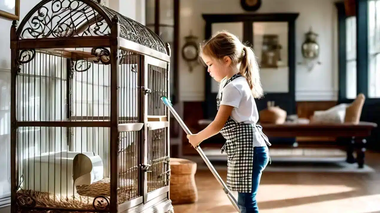 A girl about to clean a bunny cage