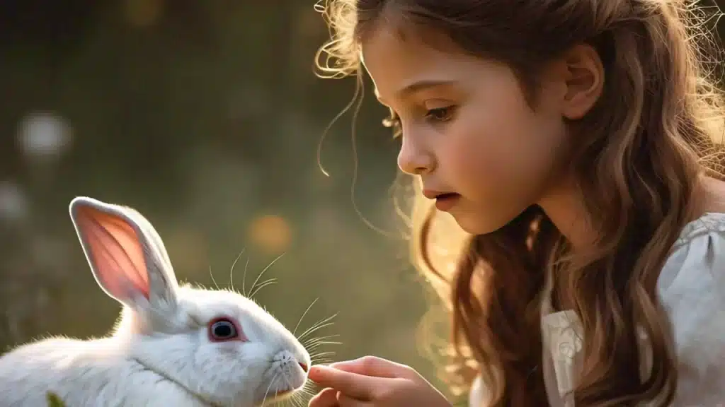 A girl looking at bunnies grinding teeth