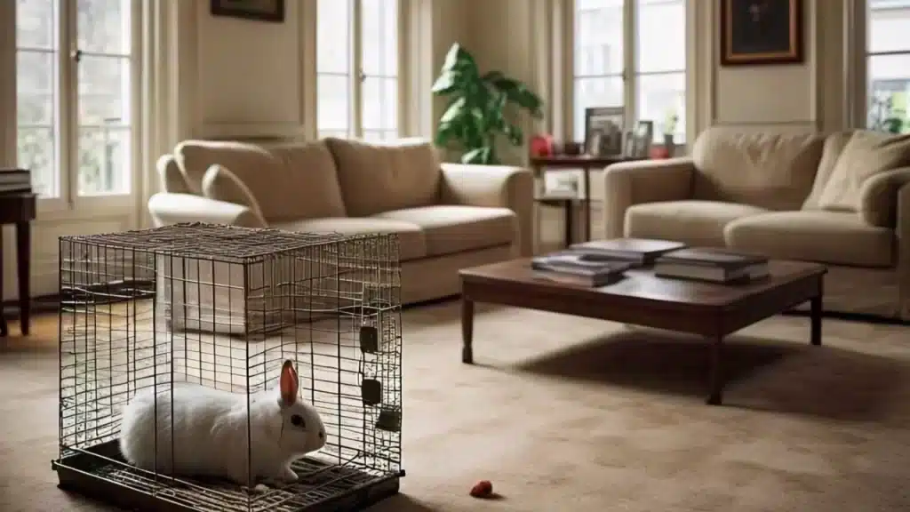 rabbit indoor housing in which a rabbit is sitting in a wired cage in a quite room