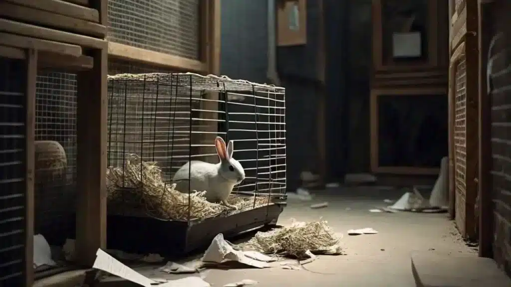 a rabbit indoor housing in which a rabbit is sitting inside a cage with paper based litter