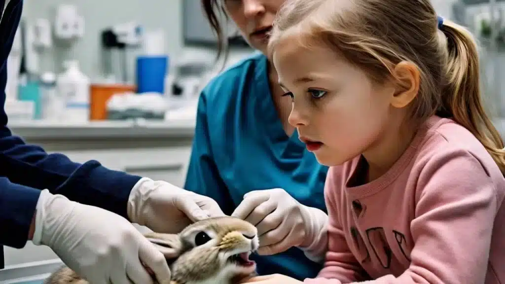 two vets looking at bunnies grinding teeth