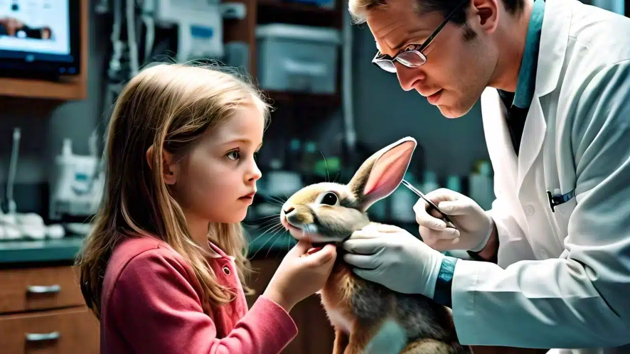 girl looking closely before traveling with rabbits