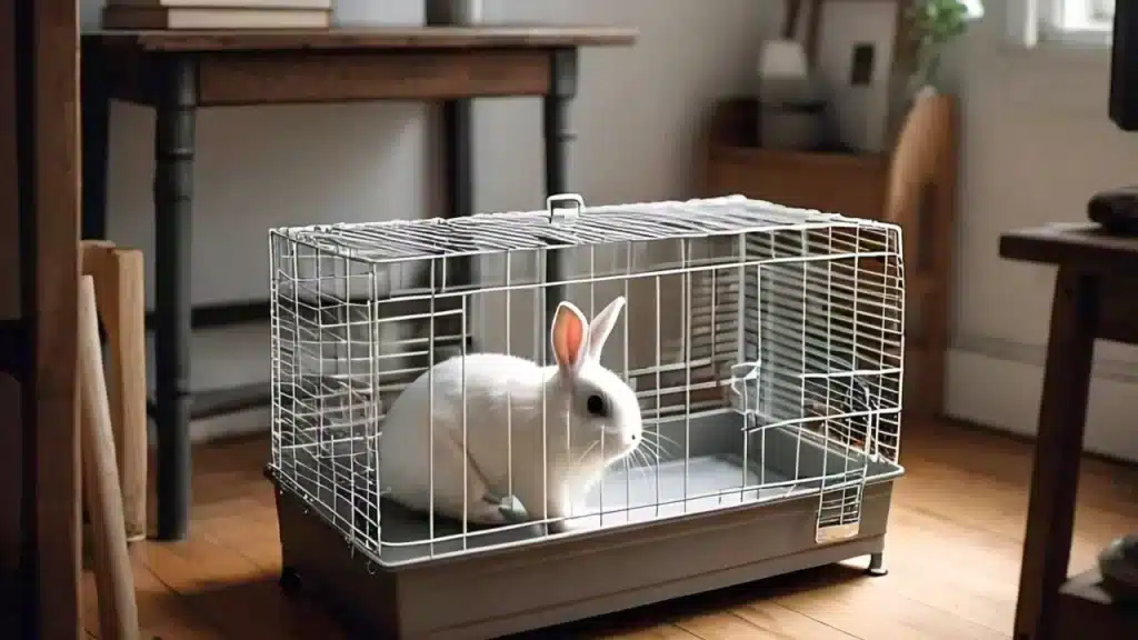 rabbit sitting in a rabbit wire cage shown as rabbit indoor housing