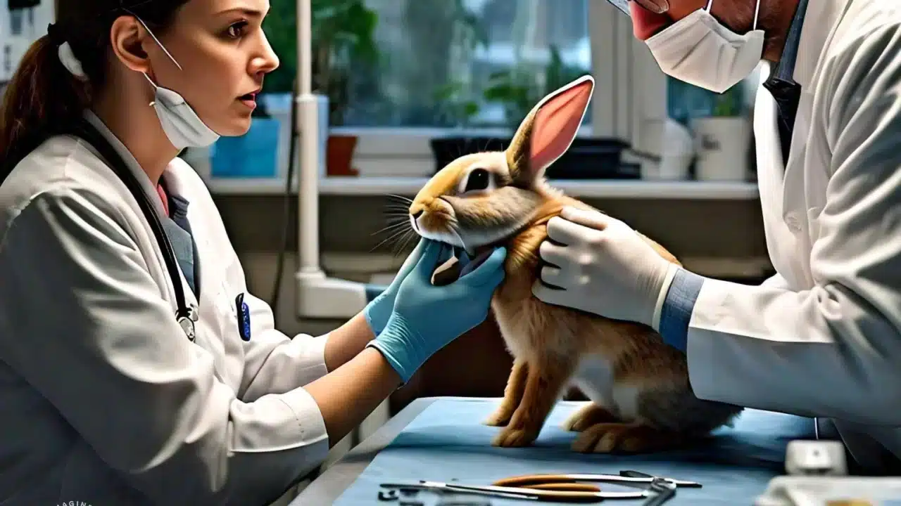 vet having a look and treating a bunny grinding teeth