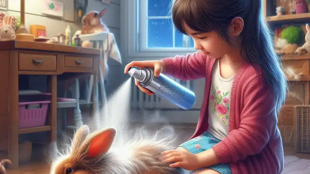 girl spraying for flea prevention for bunnies