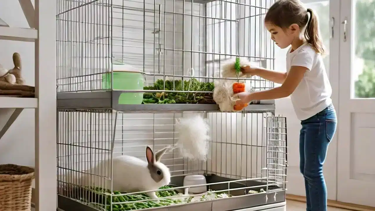 girl replacing bedding after cleaning the bunny cage