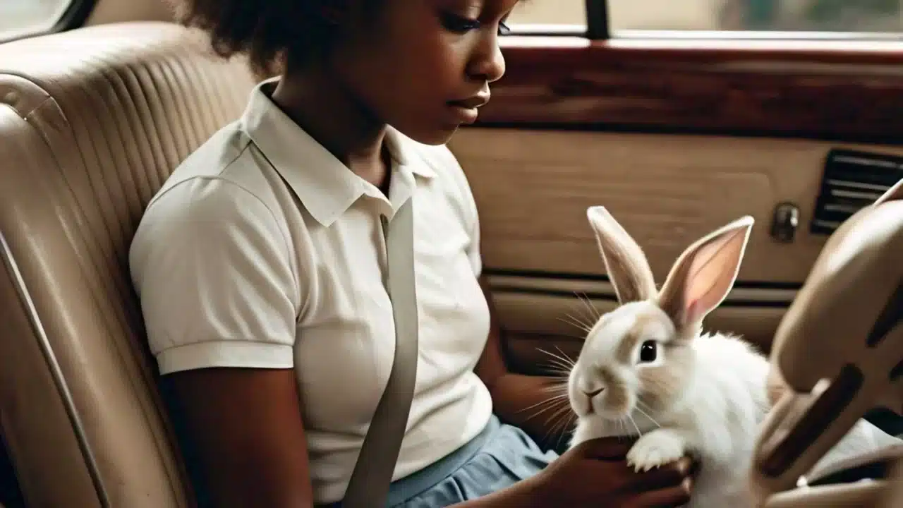 girl traveling with rabbits in a car